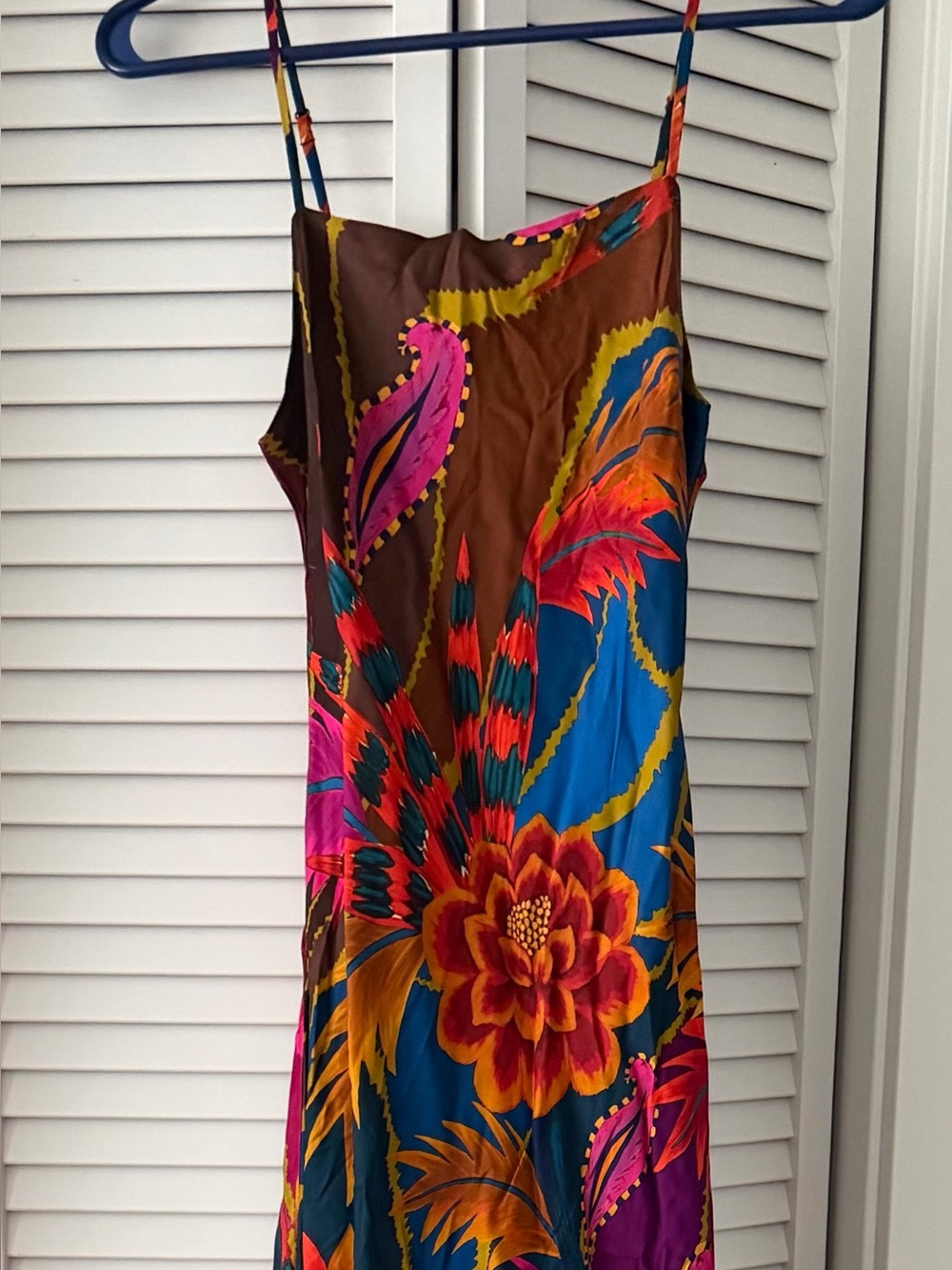 FARM Rio Brown Maxi Dress with Bright Floral Print (Blue, Pink, Orange, Yellow)